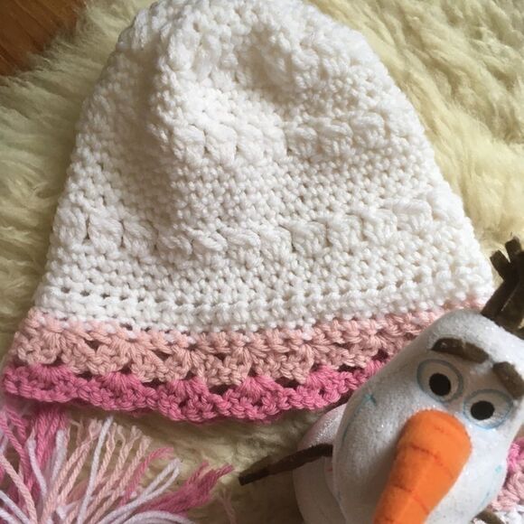 Custom made Girls Knit Pink and White Scarf and Hat with Tassels Size 6 - Picture 4 of 10